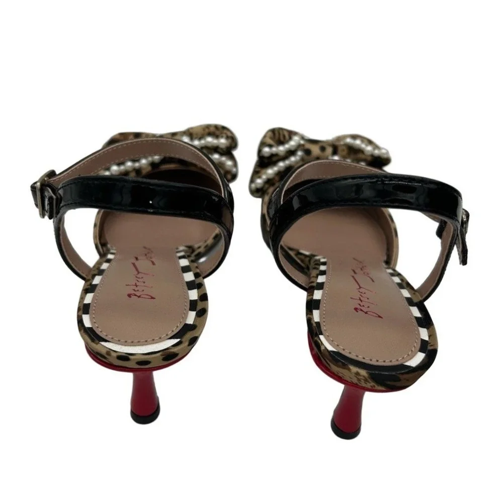 Betsey Johnson Felipe Pumps Women's Size 6 Leopard Pearl Bow Kitten Heel Shoes - Picture 4 of 6